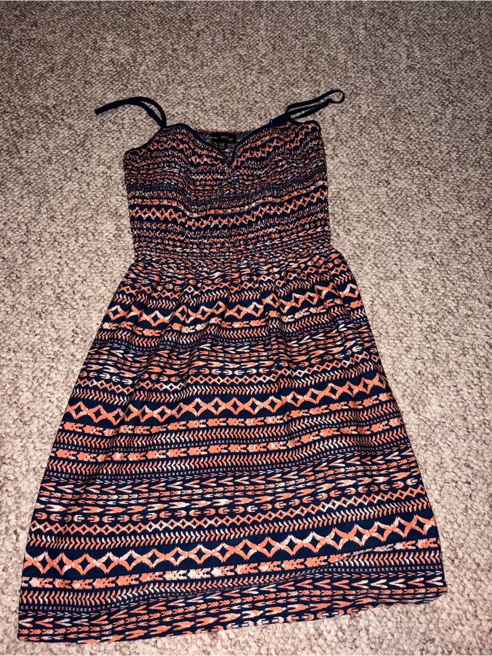 Smocked Navy and Coral Mini Dress with Tribal Print